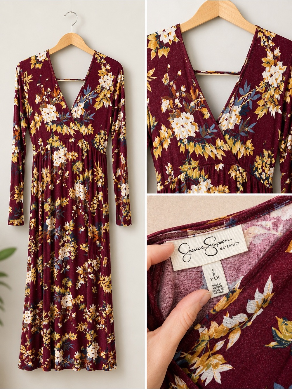 Jessica Simpson Burgundy Floral Long Sleeve Wrap Dress